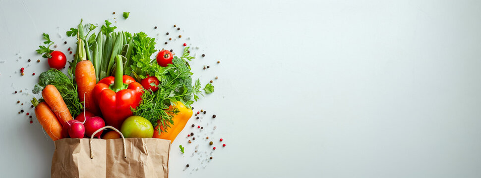 A grocery bag with various healthy vegetables, Tomatoes, cucumbers, sweet peppers, zucchini, cabbage, carrots, greens. The benefits of plant foods for proper nutrition. Place for text, banner