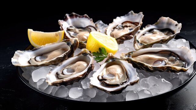 Fresh oysters served on ice with lemon, copy space