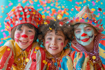 Children having fun with clown costume at carnival