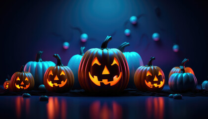 Halloween neon lights background with pumpkins