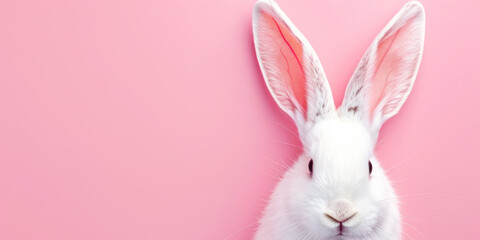 White rabbit head with sticking ears on a pink background with copy space.