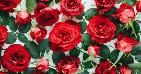 Obraz premium Natural fresh red roses flowers top view