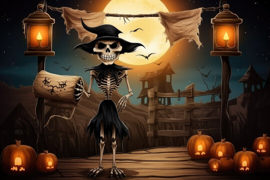 Halloween party themed skeletal ghosts and pumpkins with lighted lamp decorations around