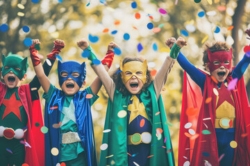 Cheerful children in superhero costumes at carnival - obrazy, fototapety, plakaty