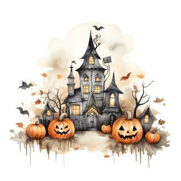 Halloween pumpkin face and haunted house watercolor painting