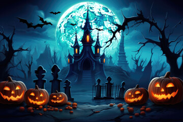 Fototapeta premium Halloween pumpkins jack o lantern and dark castle on blue Moon background