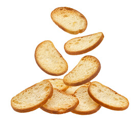 Falling bruschetta crackers, bread croutons isolated on white background