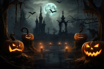Halloween pumpkins jack o lantern and dark castle on blue Moon background