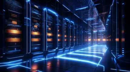 A modern data center in the system department of a large corporation, neon blue system units with flashing yellow lights, digitalization.