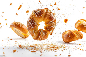 Turkish simit sesame bagel, french butter and almond nut croissants flying with crumbs isolated on white background.