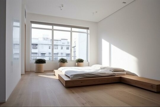 Modest bedroom showcasing 3D minimalist design: wooden floor, white wall, big window, carpet... Generative AI