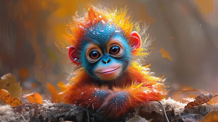 detailed illustration of a print of colorful baby orangutan