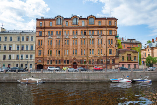 ST. PETERSBURG, RUSSIA - MAY 14, 2023: House with bay windows (Schroeter Mansion) on the Moika River embankment. Saint Petersburg