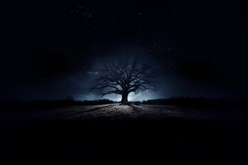 In the eerie darkness of the night, a pitch-black old tree stands in stark silhouette, its gnarled branches and twisted form casting haunting shadows, with the only illumination emanating from behind
