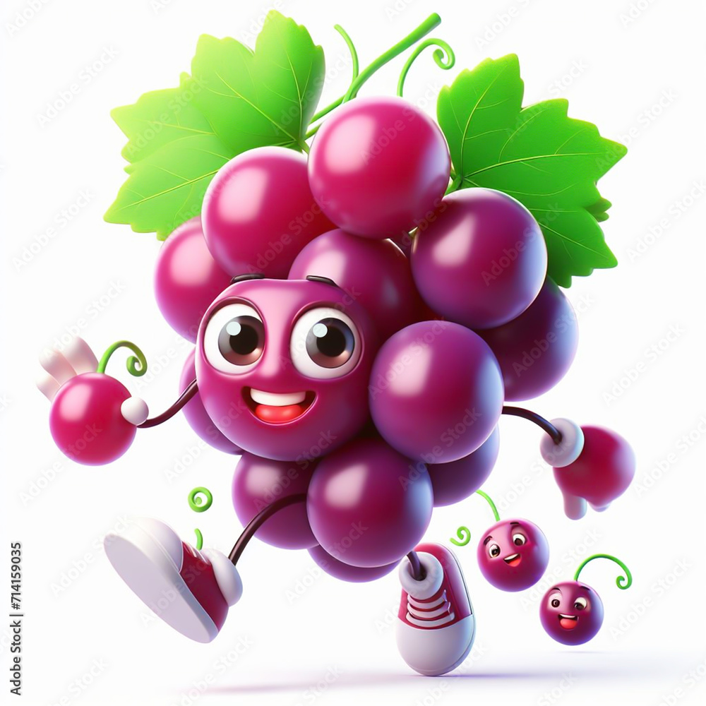 Wall mural 3D funny cartoon of grapes. Agriculture, fruit and healthy food. AI generated