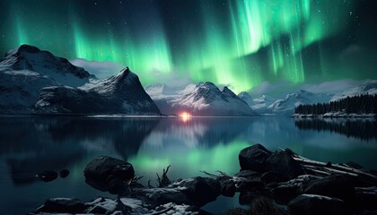 Naklejka premium View of night sky with multicolored aurora borealis and snowy mountains peak background. Night glows in vibrant aurora reflection on the lake with forest. 