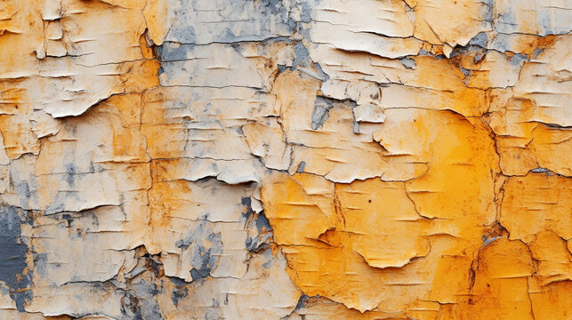 Birch bark in macro, white and yellow flakes of tree bark with black stripes, a perfect background symbolizing the connection with nature. 