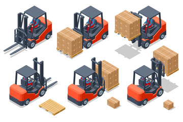 Isometric forklift isolated on white background. Forklift truck. Hydraulic machinery. Forklift truck with man driving. © Golden Sikorka