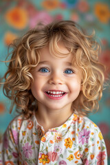 Happy little cute child kid baby girl, 4-5 years old, colorful background, children studio portrait, love family, parenthood and childhood concept