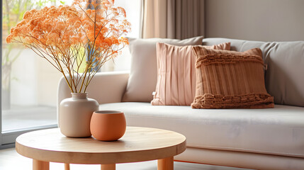 Minimal living room with wooden coffee table near sofa close-up. Interior in trendy peach colors