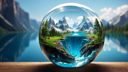 A flower pot with nature's water and crystals inside a glass vessel.