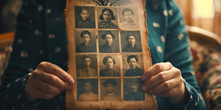 Hands holding vintage family images. Concept of  heritage.