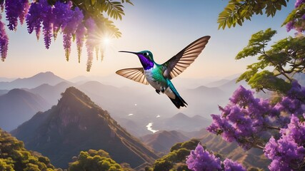 hummingbird bird flying background of mountains ,fantasy photography  - Powered by Adobe