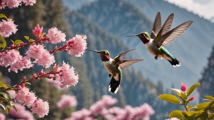 hummingbird bird flying background of mountains ,fantasy photography 