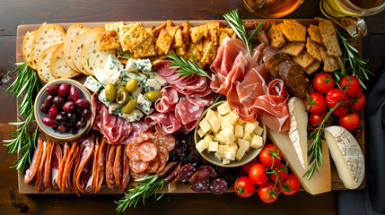 Rich charcuterie board spread filled with assorted cheese, sliced cured meat, grape, crackers, nuts and other snacks, top view. Finger food concept. Appetizers for wine - obrazy, fototapety, plakaty