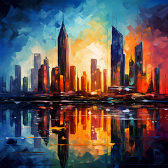 Abstract city skyline with vibrant colors. 