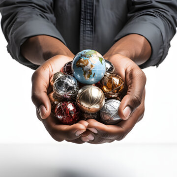 Person holding a globe surrounded by recyclable materials isolated on white background, photo, png
