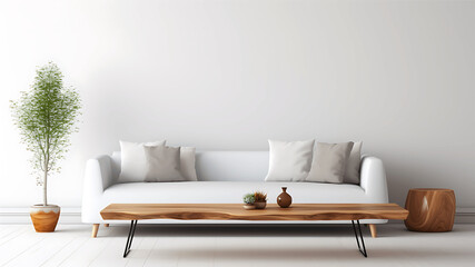 Fototapeta na wymiar Interior of modern living room with white sofa and wooden coffee table - rendering