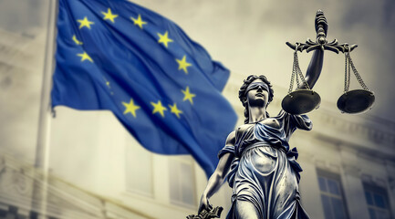 A symbolic representation of justice stands firm before the fluttering European Union flag, embodying the principles of law and unity