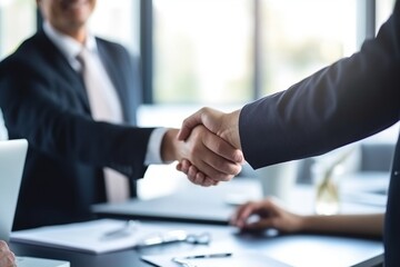 Businessman shaking hands a meeting with partners, with happiness outside, setting goals and planning the way to success. Collaborative teamwork.