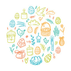 Round illustration of Easter design elements. Eggs, chicken, cakes, willow, candles hand-drawn in the style of a doodle.