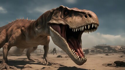 tyrannosaurus rex dinosaur  The closeup view of an opened mouth dinosaur was an exploited creature that existed in the dystopia world 