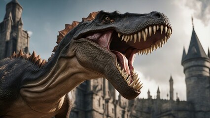 tyrannosaurus rex dinosaur  The closeup view of an opened mouth dinosaur was an amazing creature that lived in the wizarding world in front of a castle - obrazy, fototapety, plakaty