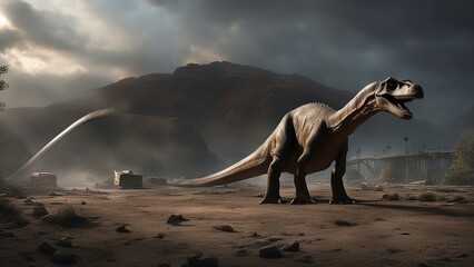  The dinosaur diplodocus was an exploited creature that existed in the dystopian world,   - obrazy, fototapety, plakaty
