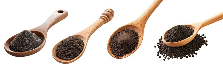 Collection of spoons holding spices powder, black pepper, isolated on transparent or white...