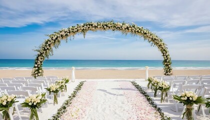 Obraz na płótnie Canvas beautiful wooden decorative arch with flowers on the beach, white walkway for wedding ceremony created with generative ai 