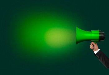 Loudhailer, hands holding megaphone. Announcement, advertising, public hearing concept. Mockup design with loudspeaker, background with blank empty space for copy space.