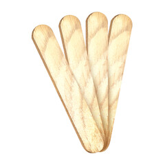 Wooden sticks for hot wax. Depilation. Sugaring. Watercolor illustration of wooden sticks arranged in a fan. Isolated white background