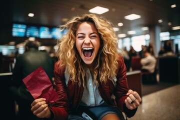 portrait of excited woman waiting for departure in the airport holding important documents. ai generated - obrazy, fototapety, plakaty