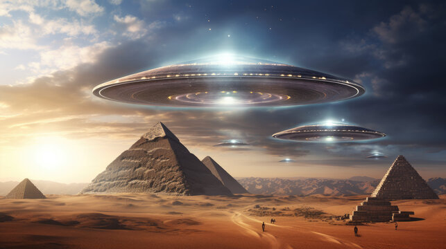Illuminated spaceships flying above Egyptian pyramids, creative UFO design. Generative ai