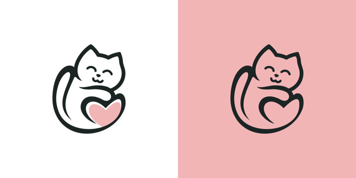 sleeping cat design icon with heart or love symbol, simple circle logo line style. the cat is asleep