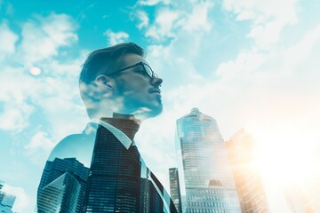 Fototapeta premium Double Exposure of Businessman and Cityscape