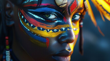 Tribal Painted African Woman with a Piercing Gaze. Generative ai - obrazy, fototapety, plakaty