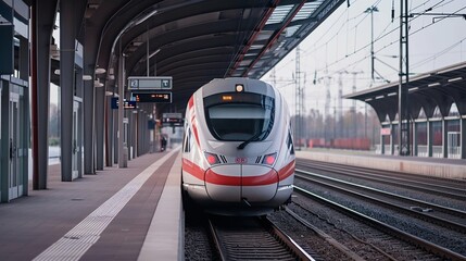 Fototapeta premium Modern High-Speed Train at the Station at Sunset. Generative ai
