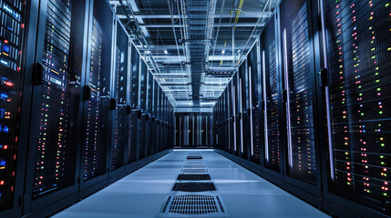 Data Center with Rows of Fully Operational Server Racks. Concept of Modern Telecommunications, Cloud Computing, AI, and Super Computer Technology.