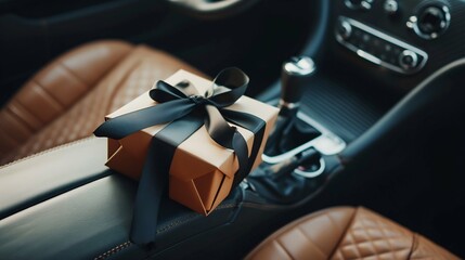 Gift Box on a Car Seat, Concept of Surprise and Generosity. Generative ai